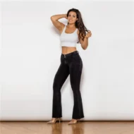 Wide Leg Black Stretch Flare Jeans Pants - Image 3